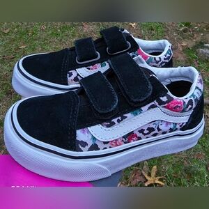 Sz 10.5 Toddler Girl's VANS OLD SKOOL V LEOPARD FLORAL Adj Straps Slip-on Shoes